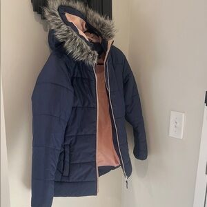 Navy Puffer Jacket with Faux Fur Hood